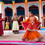 **A vibrant cultural festival scene in Pakistan. Focus on traditional music and dance performances. Show diverse age groups enjoying the event. Include elements of local handicrafts and cuisine.**