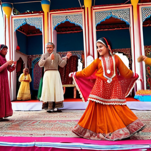 **A vibrant cultural festival scene in Pakistan. Focus on traditional music and dance performances. Show diverse age groups enjoying the event. Include elements of local handicrafts and cuisine.**