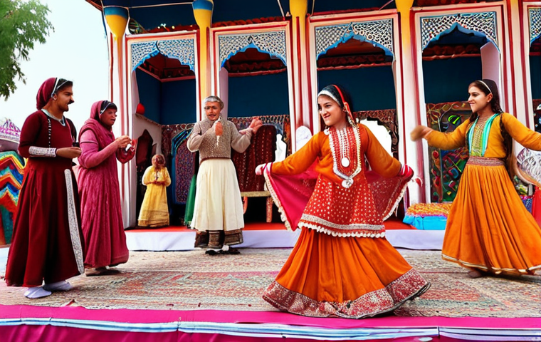 **A vibrant cultural festival scene in Pakistan. Focus on traditional music and dance performances. Show diverse age groups enjoying the event. Include elements of local handicrafts and cuisine.**