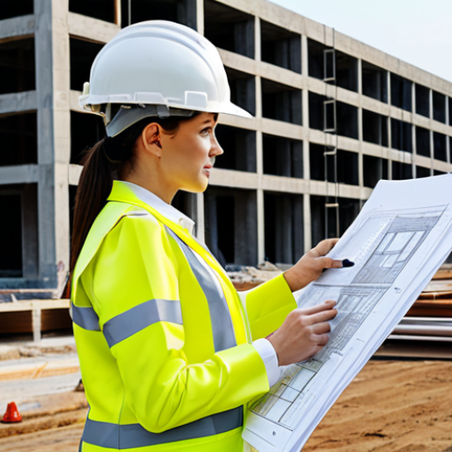 **

"A female architect in a stylish yet modest pantsuit, reviewing blueprints on a construction site. Background includes a modern building under construction, hard hats visible, safety vests worn.  Fully clothed, appropriate attire, professional setting, safe for work, perfect anatomy, correct proportions, natural pose, well-formed hands, proper finger count, natural body proportions, high resolution."

**