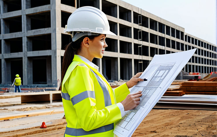 **
"A female architect in a stylish yet modest pantsuit, reviewing blueprints on a construction site. Background includes a modern building under construction, hard hats visible, safety vests worn. Fully clothed, appropriate attire, professional setting, safe for work, perfect anatomy, correct proportions, natural pose, well-formed hands, proper finger count, natural body proportions, high resolution."
**