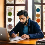 Home 18 문화콘텐츠 기획사에서의 멘토링 제도 - A detailed scene of a young Urdu-speaking creative artist participating in an online mentoring sessi...
